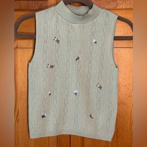 Zara green embroidered floral mock-neck tank